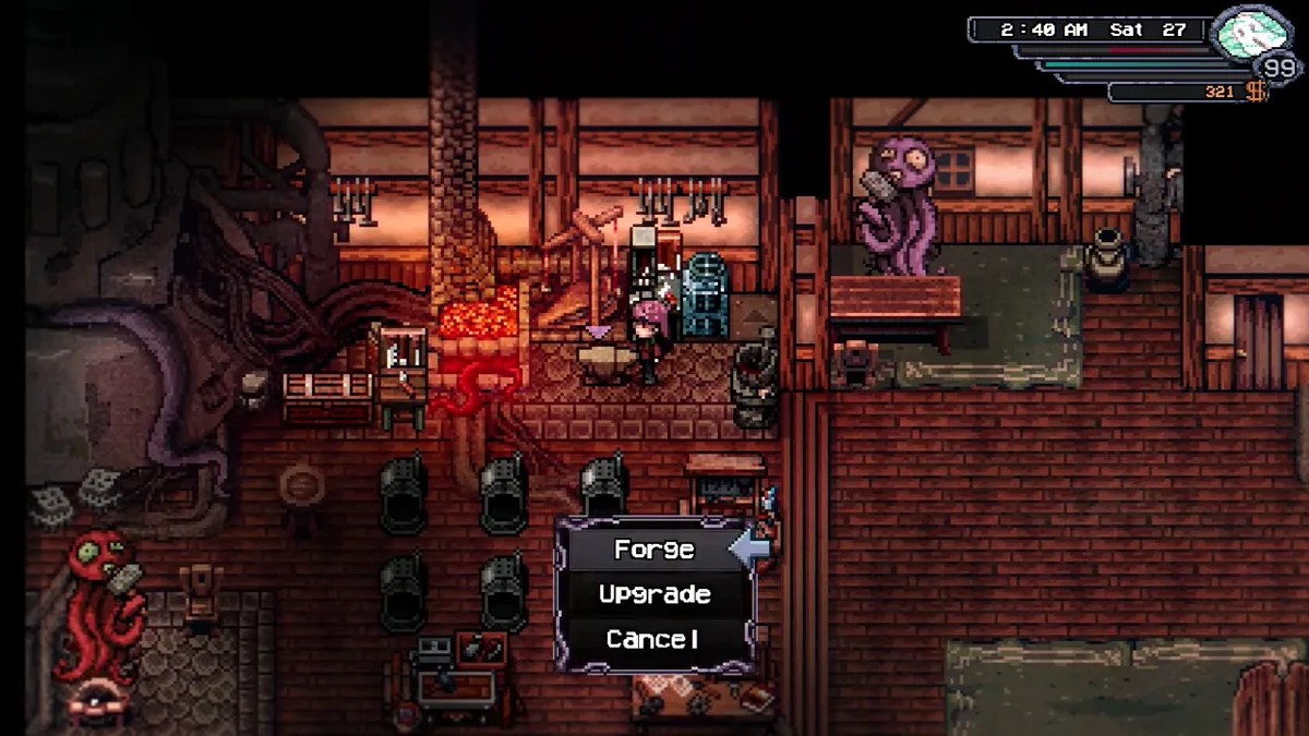 Welcome to Elderfield workshop menu with Forge and Upgrade choices for tool progression