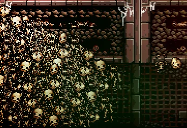 Welcome to Elderfield Catacombs passage with skull-lined walls and a barred gate