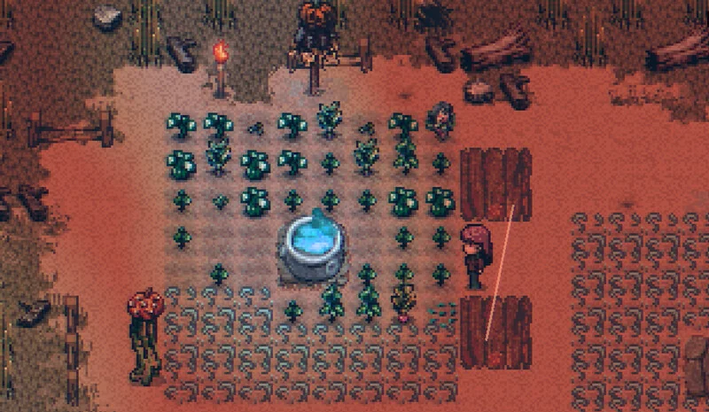 Welcome to Elderfield farm with watered crop rows, a well, and scarecrows