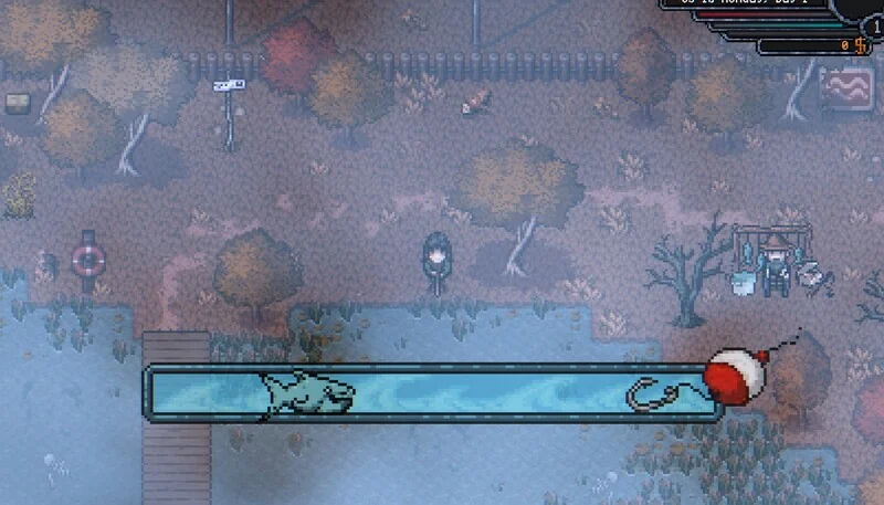 Welcome to Elderfield fishing interface with fish marker, hook, and timing progress bar