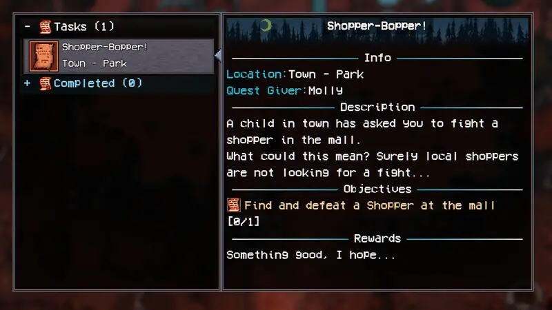 Welcome to Elderfield Tasks journal displaying a named quest and objective